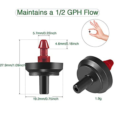 1/2 GPH Drip Emitters, 1/2 GPH Pressure Compensating Drip Emitters Maintain Constant Flow, 1/2 GPH Drip Irrigation Emitters, 50 Per Bag, Red/Black