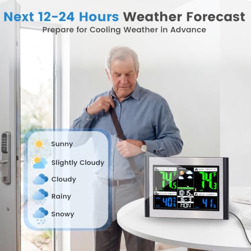 Weather Station Wireless Indoor Outdoor Thermometer, Alarm Clock - color: Black&Silver