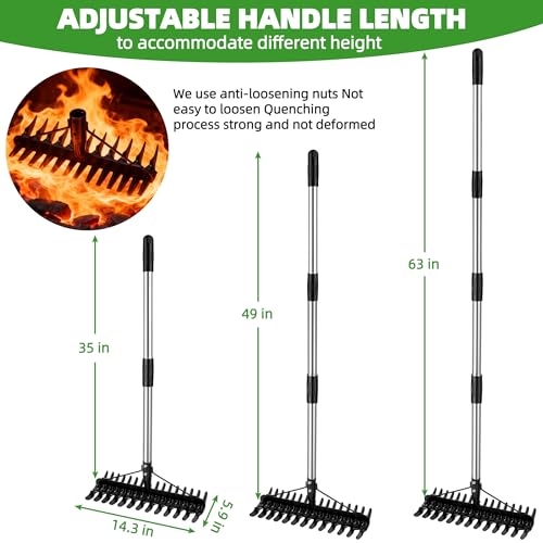 Thatch Rake for Lawns 36-63" Stainless Steel Adjustable Handle