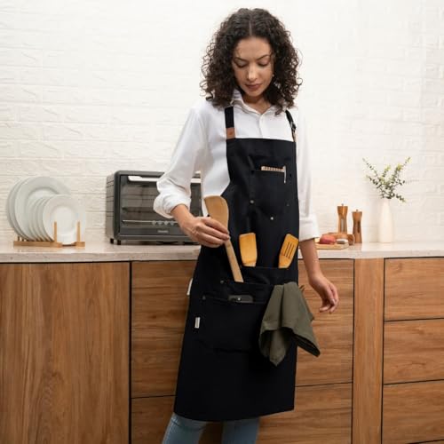 Cotton Canvas Apron for Women & Men – Adjustable Neck Strap & Waist Ties with Pockets - color: Black