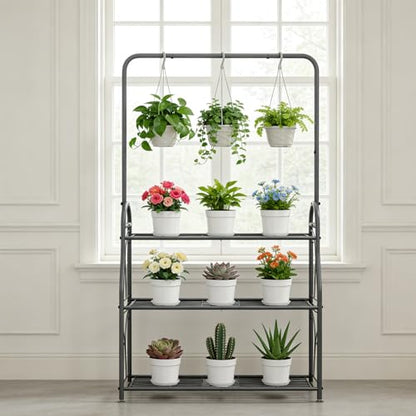 SORCEDAS Plant Stand Outdoor Indoor 3 Tier Metal with Hanging - size: 3 Tier With Hanging-Dark Grey