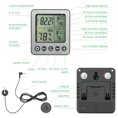 Digital Refrigerator Freezer Fridge Thermometer with Extra Sensor Reptile Thermometer Indoor Hygrometer max and min Remember Black ZZ20