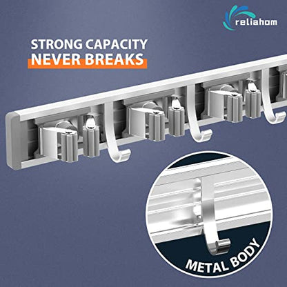 reliahom Broom Holder Wall Mount Mop Hanger Tools organizer 5Racks4Hooks,2P - color: Silver