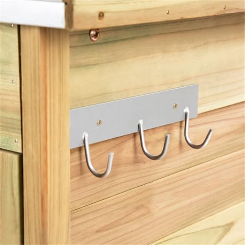 44-Inch Wooden Potting Bench with Galvanized Metal Tabletop, Garden Workbench with Storage Cabinet, Drawer, Hooks, Waterproof Surface for Greenhouse, Patio