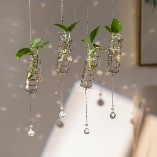 Glasseam 4 Pack Hanging Plant Propagation Stations with Crystal Suncatchers