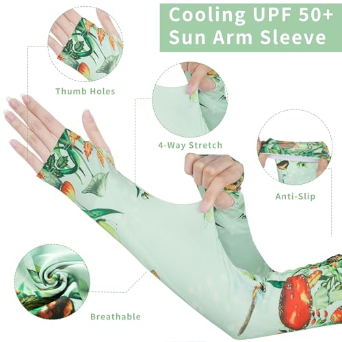FISHEAL Sun Protection Gardening Sleeves - Women Men UV UPF 50+ Cooling Arm Sleeves with Thumbholes Farming Fishing Outdoors - color: Green Dragonfly, size: Large
