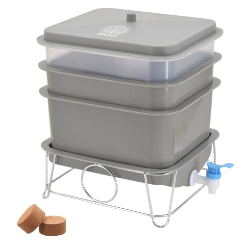 Worm Nerd WN54 4-Tray Worm Composting Bin Kit with Coco Coir for Recycling Food Waste, Worm Castings, Worm Tea, Vermiculture and Vermicomposting - style: Mya Bin - Gray