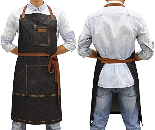 Black Kitchen Apron with Pockets & Towel Loop for Men Women, Denim - color: Black Denim 9#