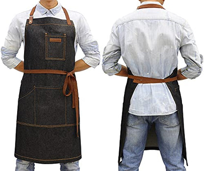 Black Kitchen Apron with Pockets & Towel Loop for Men Women, Denim - color: Black Denim 9#