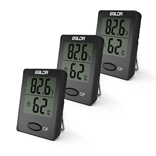 BALDR Portable Mini Digital Versatile Thermometer Hygrometer - Monitor Temperature Gauge & Humidity with Wall Hanging, Standing & Magnet Options for Home, Office, Greenhouse and More (Black, 3 Pack)