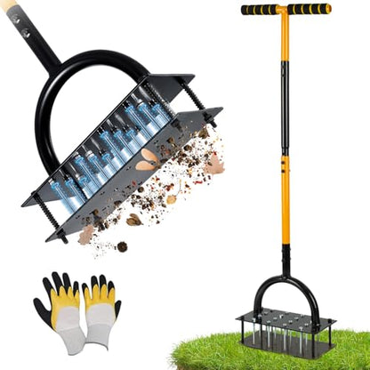 Lawn Aerator Tool with 16 Steel Spikes, Grass Aerator Lawn Tools with Spring-Loaded Design & Adjustable T-Handle, Pre-Assembled Hand Aerator Lawn Tool for Lawn, Courtyard and Garden - size: M -16 Spikes