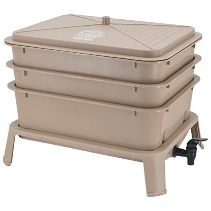 Worm Nerd WN53 4-Tray Worm Composting Bin Kit with Coco Coir for Recycling Food Waste, Worm Castings, Worm Tea, Vermiculture and Vermicomposting, Tan - style: Jaylen Bin - Tan