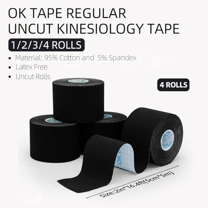 OK TAPE Kinesiology Tape (4 Pack) Latex Free Cotton Uncut 2in x 16.4ft - color: Black, size: 4 Rolls