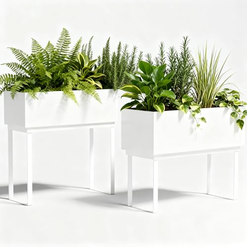 Worth Set of 2 Raised Metal Planter Box with Legs, Large & Small Galvanized Steel Elevated Garden Beds with Drainage Hole & Plug for Vegetables, Flowers & Herbs, Indoor & Outdoor Use - Glossy White - color: Glossy White, size: 28"× 11"× 28" & 30"L×12.5"×2