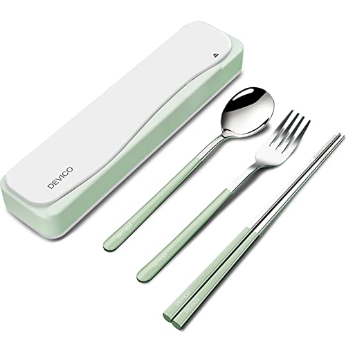 DEVICO Travel Utensils with Case, 4Pcs Portable Silverware Set for Work, 18/8 Stainless Steel Reusable Cutlery, Korean Spoon and Chopsticks Fork for Camping, School, Lunch Box Accessories (Green) - color: Green