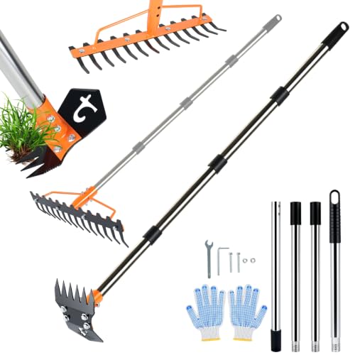 3-in-1 Weed Puller Tool with Long Handle 60", Garden Hoe, Garden Rake Heavy Duty with 14 Steel Tines, Weed Remover Garden Tools for Garden, Yard, Loosening Soil Gathering Leaf Leveling Lawn Farming