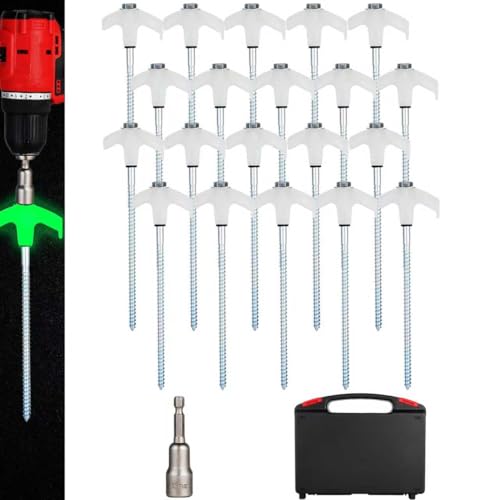 20 Pack Screw in Tent Stakes Heavy Duty,8 ’’ Ground Anchors Screw in,Metal Stakes with Hex Head Driver and Sturdy Storage Box. (20, Luminous White) - color: Luminous White