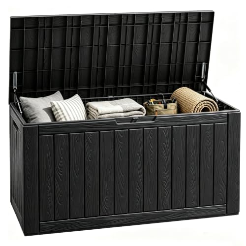 Fancyango 110 Gallon Waterproof Deck Box, Resin Outdoor Storage Box, Black - color: Striped Black, size: 110 Gallon