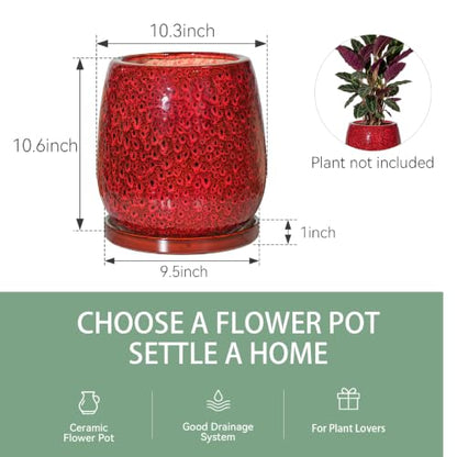10.3 Inch Ceramic Glaze Plant Pot with Saucer, Flower Pots with Drainage Hole Mesh Net (Spot Red) - color: Spot Red