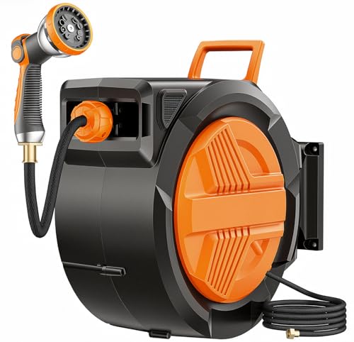 Retractable Garden Hose Reel 1/2” x 150ft, Auto Rewind Hose Reels for Outside, Heavy-Duty Wall-Mounted Outdoor Hose, 10-Mode Nozzle, Adjustable Length, 180° Rotation for Watering, Car Washing