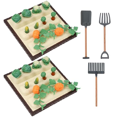 Miniature Vegetable Garden Figurines for Dollhouse Decoration 1/12 Scale - 2 Field Scenes Set & 1 Mini Farm Tool Kit with Shovel Rake, Vegetables Fruit Farmhouse Accessories, Micro Landscape Decor