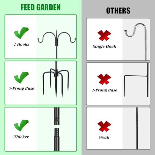 FEED GARDEN Small Shepherds Hook 63" Double Hooks Adjustable (47/63") - Alloy Steel 5-Prong Base, 12lb Capacity - Easy Assembly Bird Feeder Pole for Hanging Planters, Lanterns, Wind Chimes - size: 63 Inch