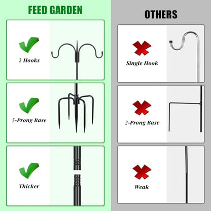 FEED GARDEN Heavy Duty Shepherds Hook 76" Double Hooks Adjustable (44/60/76") - Alloy Steel 5-Prong Base, 17lb Capacity - Easy Assembly Bird Feeder Pole for Hanging Planters, Lanterns, Wind Chimes - size: 76 Inch