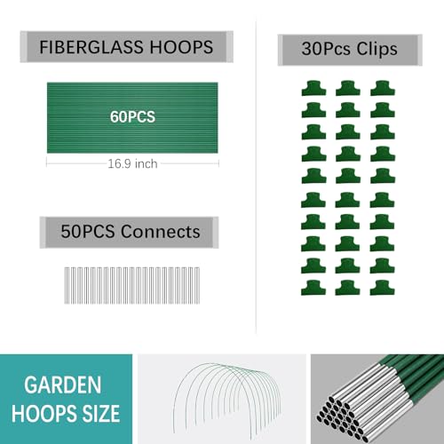 Garden Hoops for Raised Beds 60 Pcs, 10 Sets of 8FT Long Greenhouse Hoops Grow Tunnel Rust-Free Fiberglass Support Hoops Frame for Garden Netting Fabric Shade Cloth Row Cover (60 PCS) - size: 60 PCS