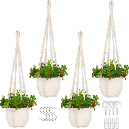 4 Pack Macrame Plant Hangers Indoor Set Large Crochet Hanging Holder, White - color: White