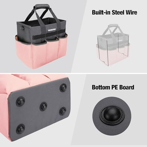 WORKPRO Garden Tool Bag, 10 Pockets and Shoulder Strap, Pink - color: Pink