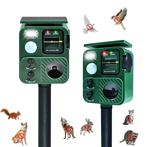 2-Pack Ultrasonic Animal Repeller, Solar Animal Repeller, Outdoor Animal Deterrent Devices, Motion Activated Repellent for Cats, Dogs, Deer, Squirrels, Raccoons & Rodents