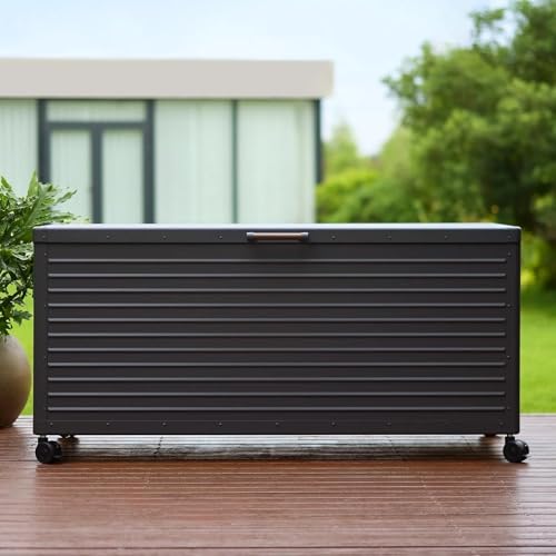 MIRADOR 205 Gallon Outdoor Storage Box with Wheels & Soft-Close Lid, Waterproof Metal Deck Box for Patio Cushions, Garden Tools & Pool Accessories, Charcoal - color: Charcoal, size: 205 Gallon