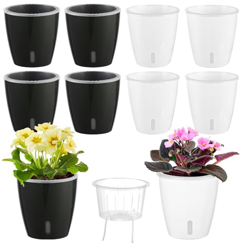 Self Watering Pots for Indoor Plants, 8-Pack 5'' Self Watering Planter with Drainage Holes, Small African Violet Pots with Water Level Indicator, Clear Wick Pot, White/Black - color: White/Black 8 Pack, size: 5"