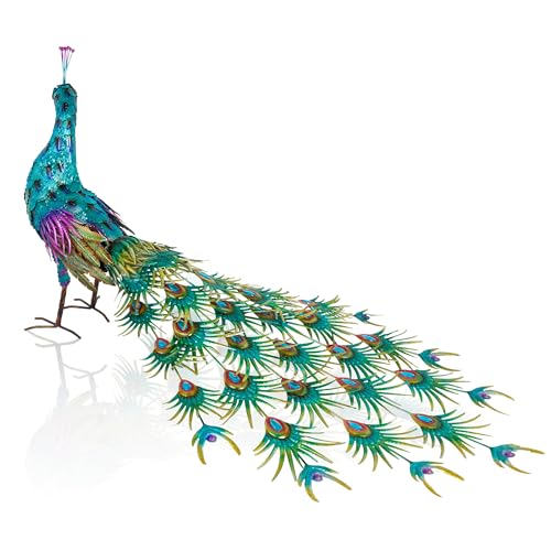 Alpine Corporation HEH378 Metal Jumbo Sized Majestic Peacock Decor, Elegant Garden & Patio Bird Statue, 33" H, Blue - color: 33" H - Multicolor