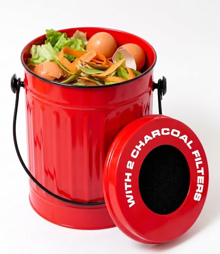 Plexon Countertop Compost Bin Kitchen with Lid, Red 1.5 Gallon Odorless Compost Container, Steel Food Compost Bucket for Kitchen with Charcoal Filter, Pail for Countertop - color: Red