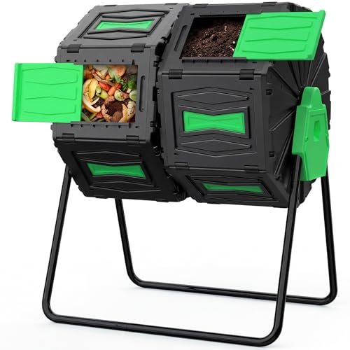 Compost Tumbler, 45-Gal Dual Chamber Compost Bins, BPA-Free Tumbling Composting Bins with 2 Sliding Doors and Metal Frame,Easy Assembly Large Composter Tumbler Outdoor Compost Bin Kitchen - color: Green