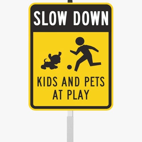 dog crossing sign,Kids and Pets at Play yard Sign with Reflective Aluminum Lawn Signs,slow down Rust Free Garden Signs (8x12in) - color: Slow Down Kids and Pets at Play
