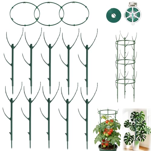 10Pack Stackable Plant Support, 2 in 1 Monstable Plant Stakes & Tomato Cage Kits for Indoor Outdoor Climibing Plants, Durable Alternative to Moss Pole Sticks Trellis for Houseplants Potted - size: 10 Pack