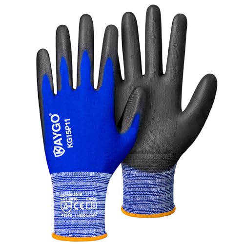 KAYGO Ultra Thin PU Coated Work Gloves, Nylon Knit, KG15P, 12 Pairs - color: Blue, size: XX-Large