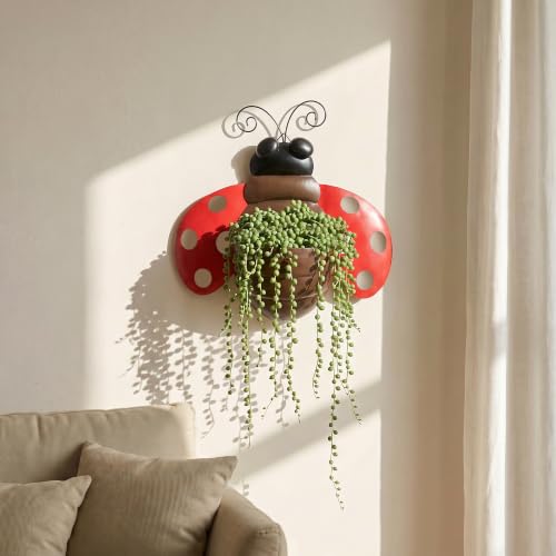Ladybug Metal Wall Planter, Wall Mount Hanging Succulent Pot with Drainage - color: Red Ladybug