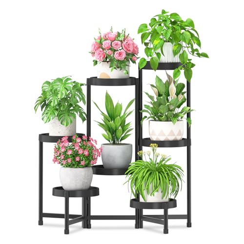 iDavosic.ly 7 Tier Folding Plant Stand Indoor Outdoor, Plastic Tray, Black - color: Black, size: 7 Tiers