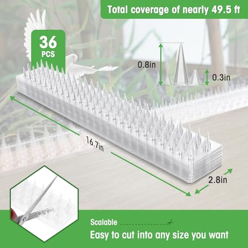 Zipcase 49.5 ft Transparent PVC Bird Spikes, Dual-Length Spikes, 36 Pack