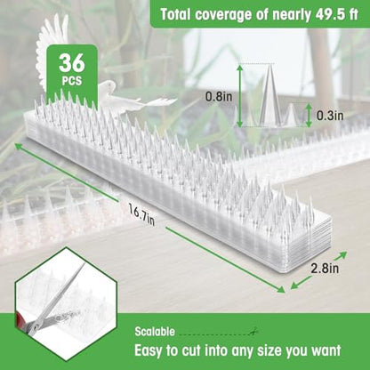 Zipcase 49.5 ft Transparent PVC Bird Spikes, Dual-Length Spikes, 36 Pack