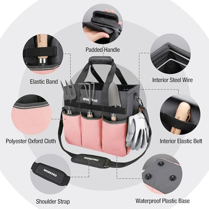 WORKPRO Garden Tool Bag, 10 Pockets and Shoulder Strap, Pink - color: Pink