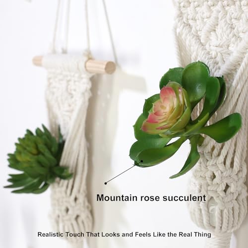 Macrame Wall Hanging Plant Holder with Artificial Succulent, Natural Cotton with Wood Dowel, Boho Wall Decor, Hanging Plants Set of 2 (Succulent 2pcs) - color: Succulent 2pcs