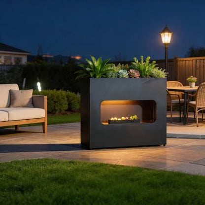 Outdoor Planter Box Metal Black Rectangular - color: Black With Light