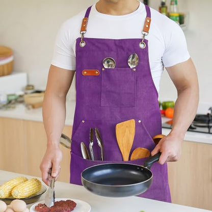 Aoomzoon Canvas Aprons for Men Women, Heavy Duty BBQ Apron with Pockets - color: Purple