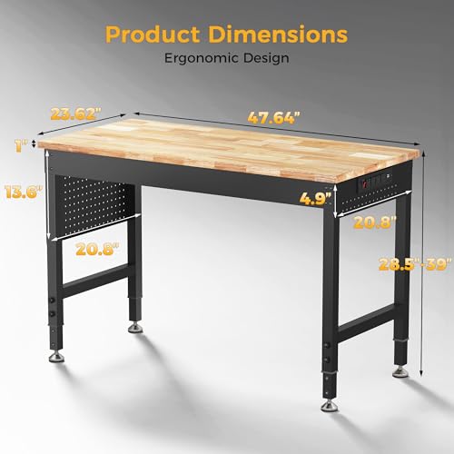 CAMMOO 48" Adjustable Workbench, 2000LBS Max Load, Pegboard & Power Strip - size: 48*24 Inch