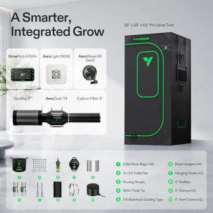 VIVOSUN Smart PRO Grow Tent Kit 2.3x2.3ft 180W Aerolight E42A+ Grow System - size: Plus 28"x28"x63"