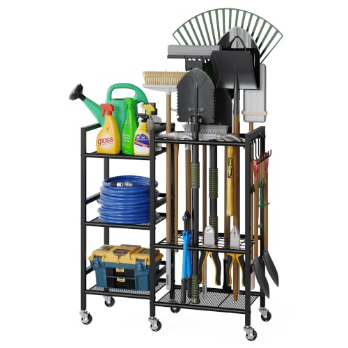 keomaisyto Garden Tool Organizer with 6 Industrial Wheels & Large Hooks - size: 29.5"W*11.8"D*33.5"H-with Wheels
